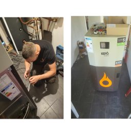 Ger-Sol Sp. z o. o. - Instalator łączy przewody elektryczne do nowego kotła z pomarańczowym symbolem płomienia, widoczne miedziane rury instalacji grzewczej i etykieta energetyczna na urządzeniu.