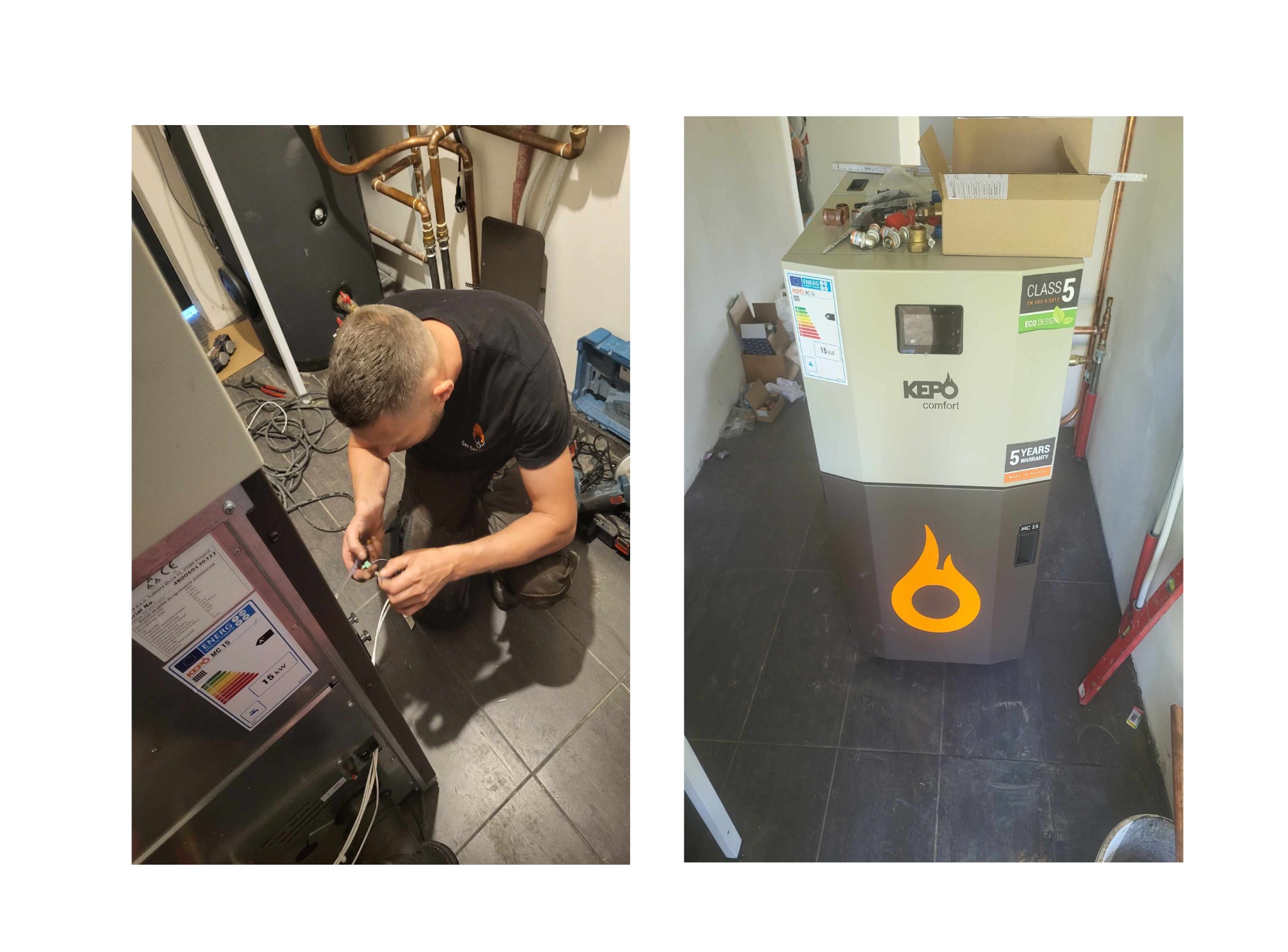 Instalator łączy przewody elektryczne do nowego kotła z pomarańczowym symbolem płomienia, widoczne miedziane rury instalacji grzewczej i etykieta energetyczna na urządzeniu.
