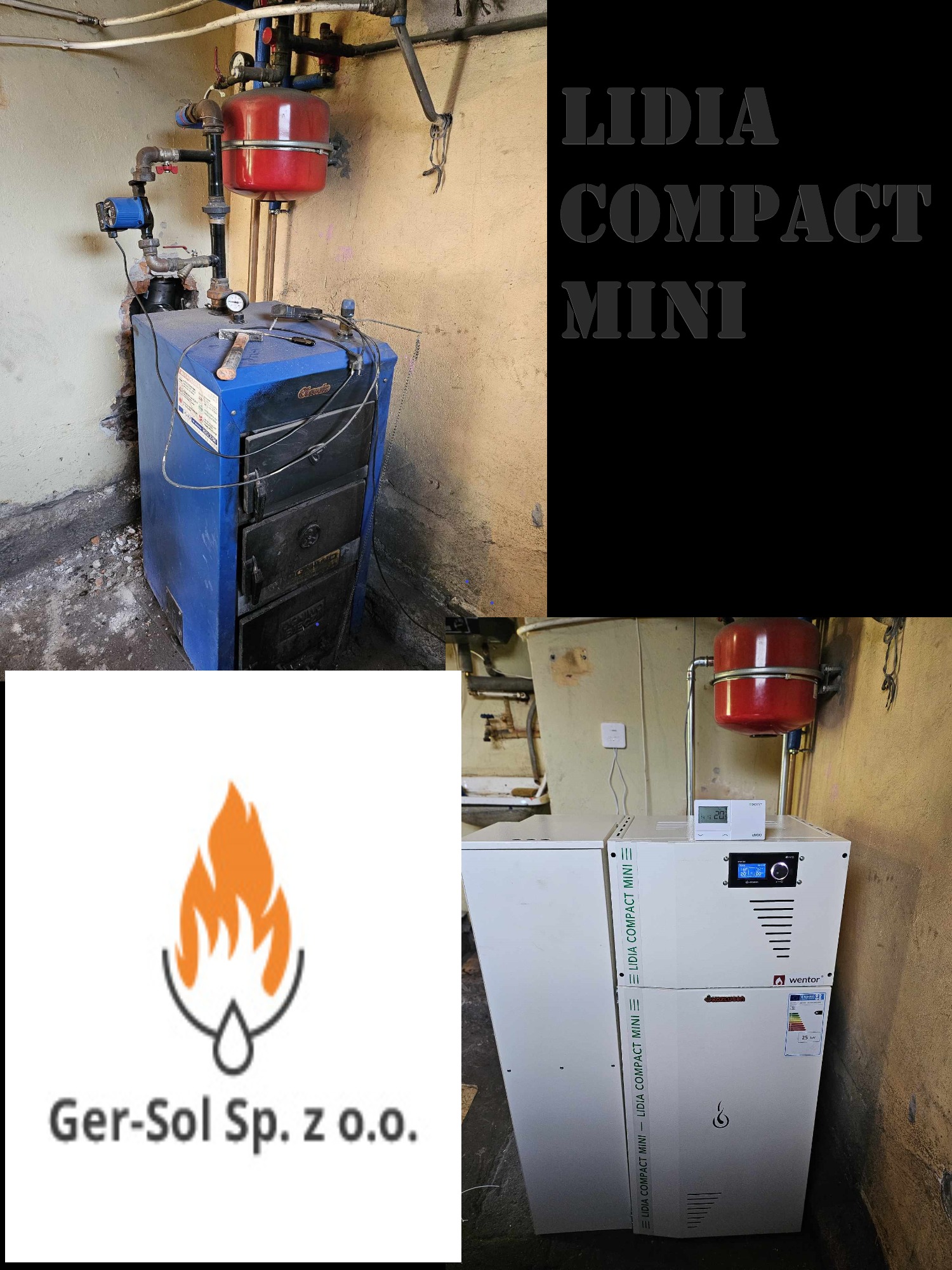 Porównanie dwóch kotłów: starszy, niebieski kocioł na paliwo stałe z zamontowaną instalacją i nowszy, biały kocioł z wyświetlaczem, oba w pomieszczeniu kotłowni o surowych ścianach.