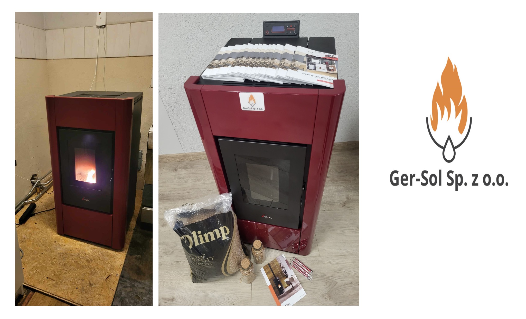 Bordowy piec na pellet marki Cadel w dwóch ujęciach: z palącym się ogniem wewnątrz oraz w aranżacji z workiem pelletu Olimp, broszurami i próbkami. Na piecu leżą ulotki reklamowe firmy Ger-Sol Sp.
