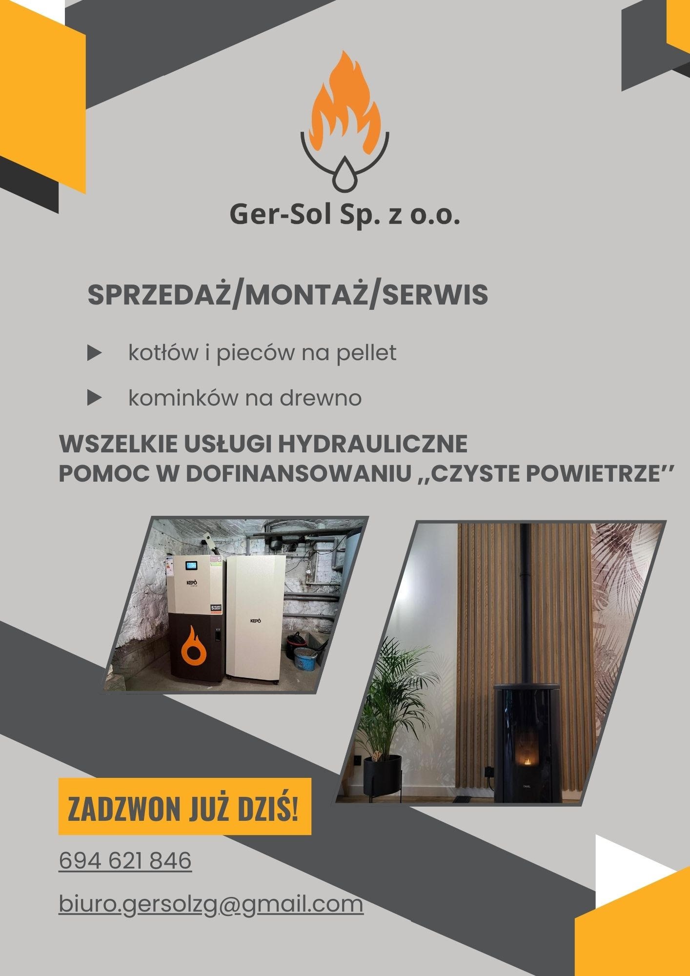 Ulotka reklamowa firmy Ger-Sol Sp. z o.o. oferującej sprzedaż, montaż i serwis kotłów na pellet oraz kominków na drewno, prezentująca przykładowe kotły i kominek.