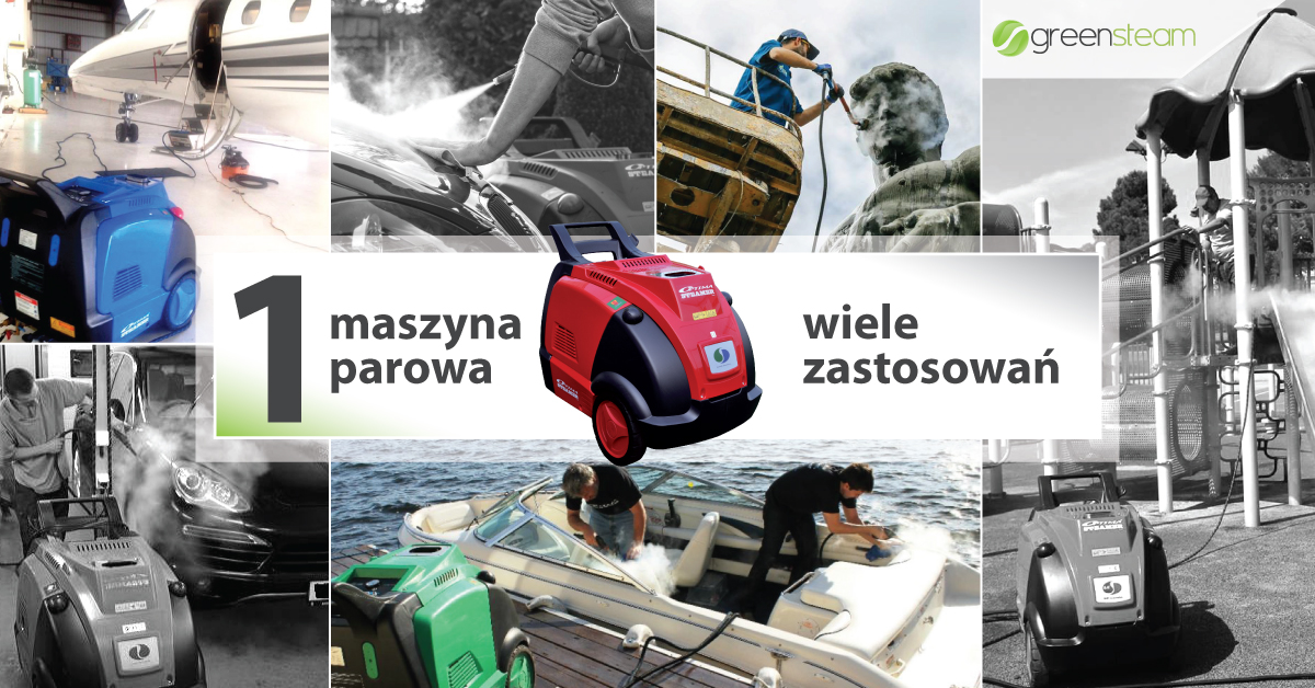 Kompozycja zdjęć prezentująca parownicę Optima Steamer do różnych zastosowań: czyszczenie samolotu, samochodu, łodzi, pomnika oraz placu zabaw. Na środku czerwona parownica, obok napis '1 maszyna...