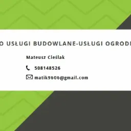 Wizytówka firmy Mateo Usługi Budowlane-Usługi Ogrodnicze z numerem telefonu i adresem e-mail Mateusza Cieślaka na zielono-szarym tle.