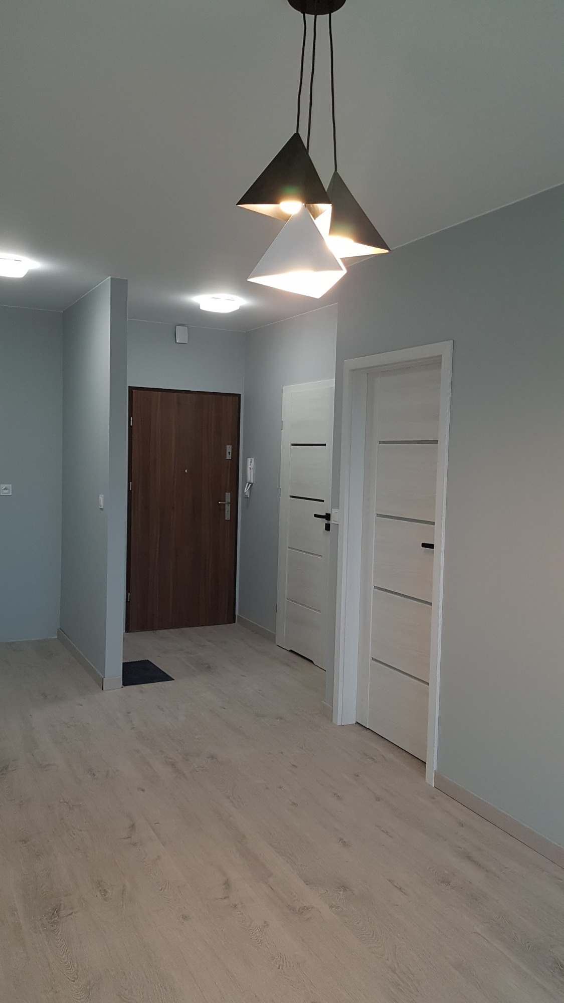 Wnętrze mieszkania po remoncie: widok na korytarz z drewnianymi drzwiami wejściowymi, białymi drzwiami wewnętrznymi z poziomymi frezowaniami i nowoczesną lampą wiszącą z trzema kloszami w kształcie...