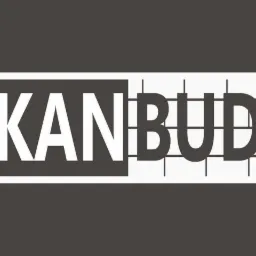 Logo firmy budowlanej KANBUD z białym napisem na szarym tle, litery częściowo wypełnione kratką.