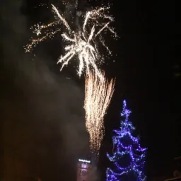 Fajerwerki rozbłyskujące nad oświetloną choinką miejską i wieżą ratuszową w nocnej scenerii.