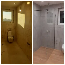 Porównanie stanu łazienki przed i po remoncie: surowe ściany, wisząca żarówka i toaleta w trakcie instalacji kontra nowoczesna kabina prysznicowa, szare płytki i drewnopodobna podłoga.