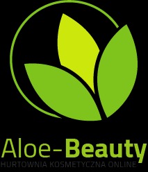 Logo firmy Aloe-Beauty z trzema zielonymi liśćmi w okręgu, poniżej nazwa firmy i dopisek 'Hurtownia Kosmetyczna Online'.