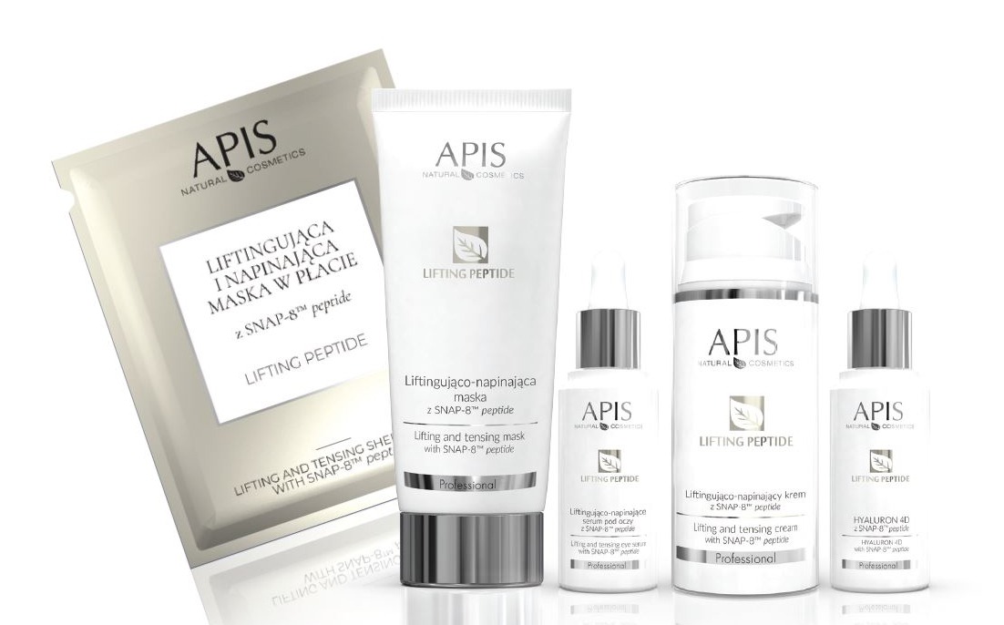 Linia kosmetyków APIS Natural Cosmetics z peptydami SNAP-8: maska w płacie, maska w tubie, serum pod oczy i krem, wszystkie o działaniu liftingująco-napinającym, na białym tle z delikatnym odbiciem.