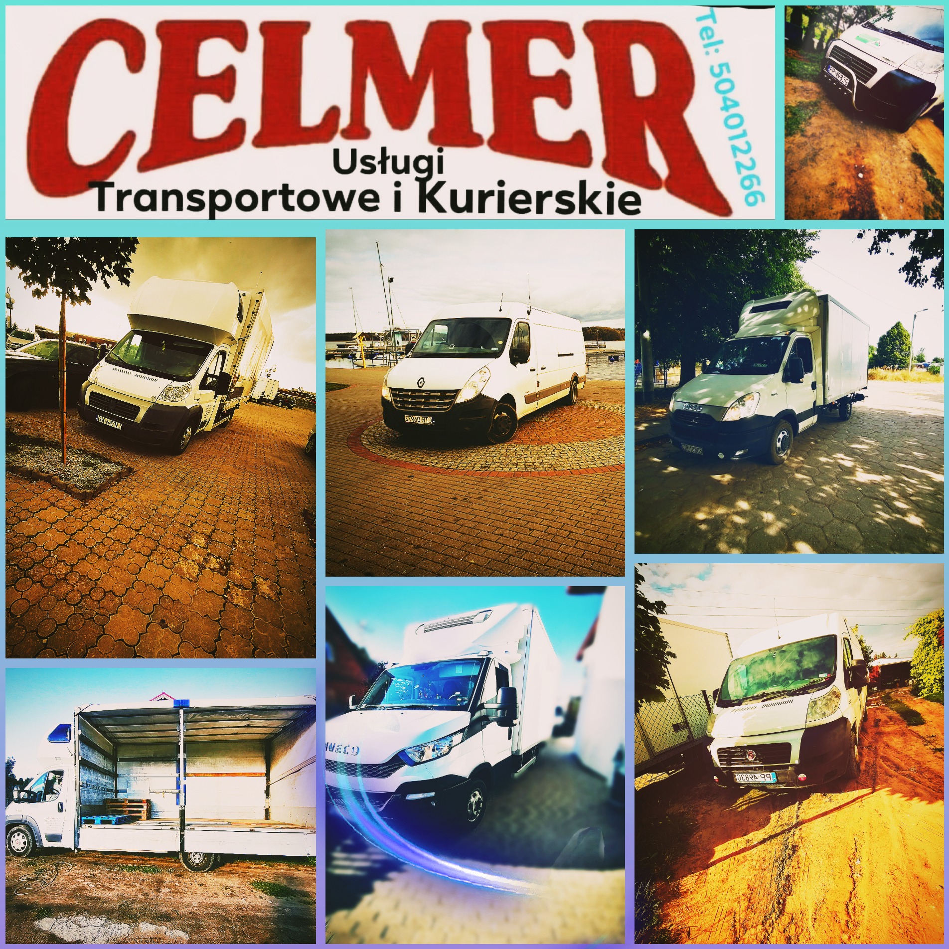 Kolaż zdjęć różnych samochodów dostawczych firmy CELMER, z logo firmy w górnej części kadru. Widoczny biały Renault Master na tle jeziora, Iveco z niebieskimi efektami świetlnymi oraz inne busy...