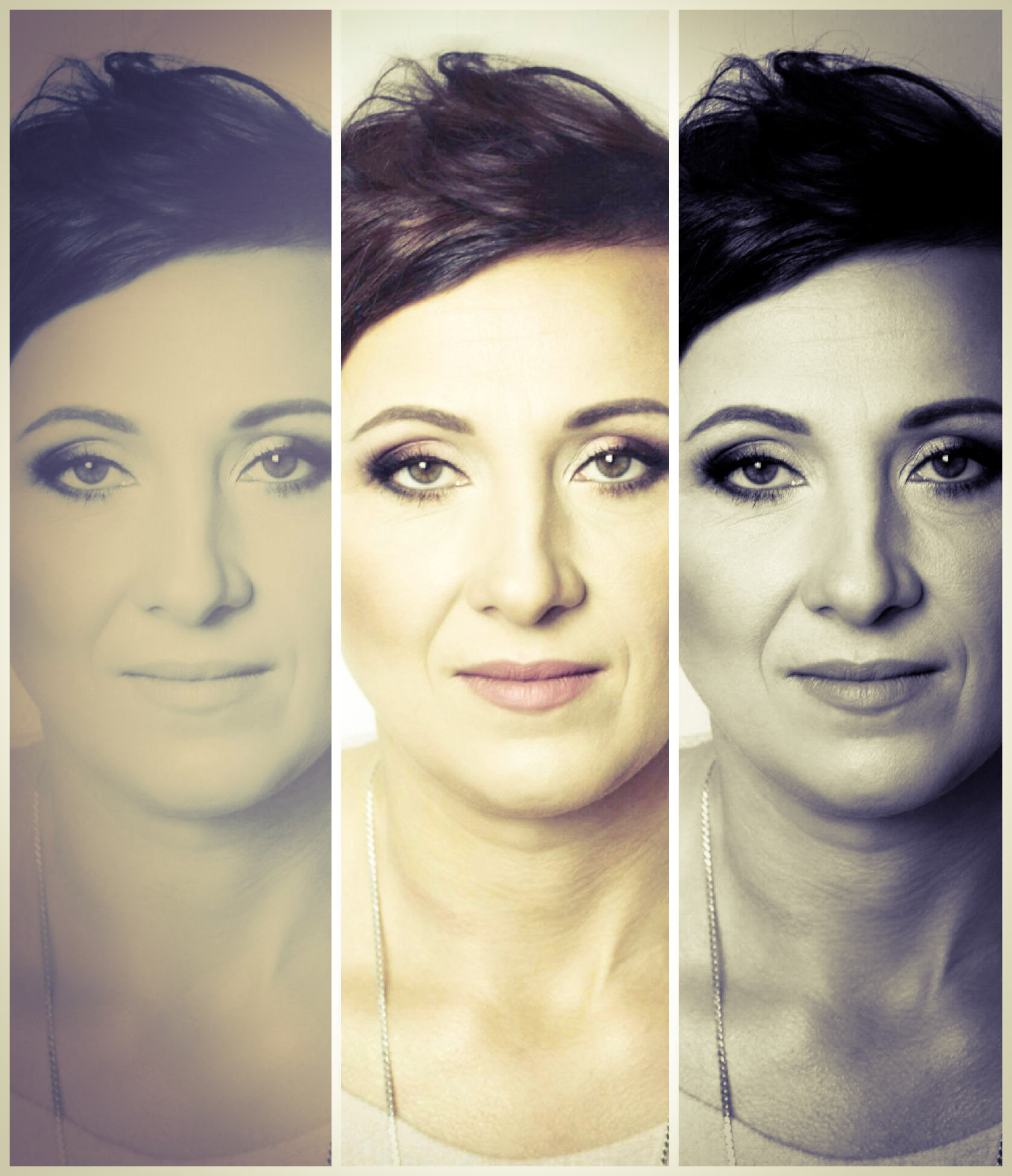 Portret kobiety z makijażem, w trzech różnych tonacjach kolorystycznych, ujęty w kolażu.