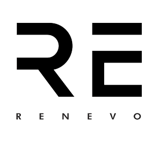 Graficzne logo firmy Renevo z dużym skrótem RE nad napisem Renevo, czarne litery na zielonym tle, nowoczesny i minimalistyczny design.
