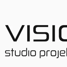 Czarno-białe logo studia projektowego b|VISION z napisem studio projektowe poniżej.
