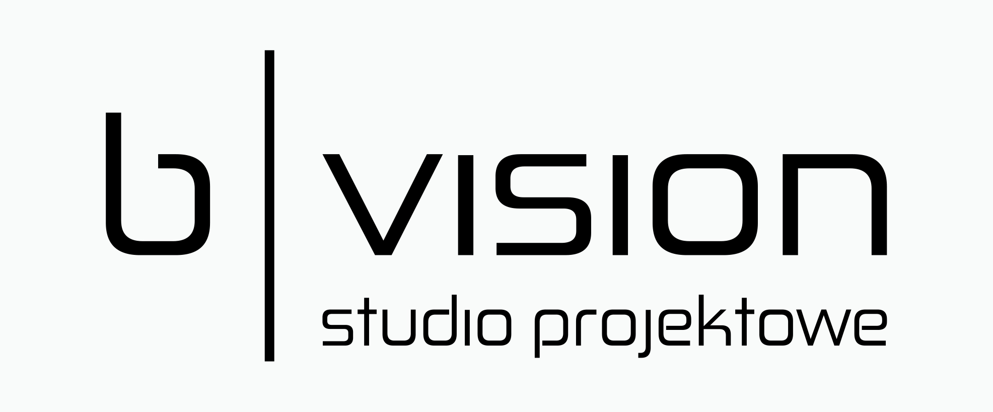 Czarno-białe logo studia projektowego b|VISION z napisem studio projektowe poniżej.