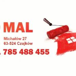 Logo firmy malarskiej E MAL z adresem, numerem telefonu oraz ilustracją wałka malarskiego tworzącego kontur czerwonego domu z oknami.