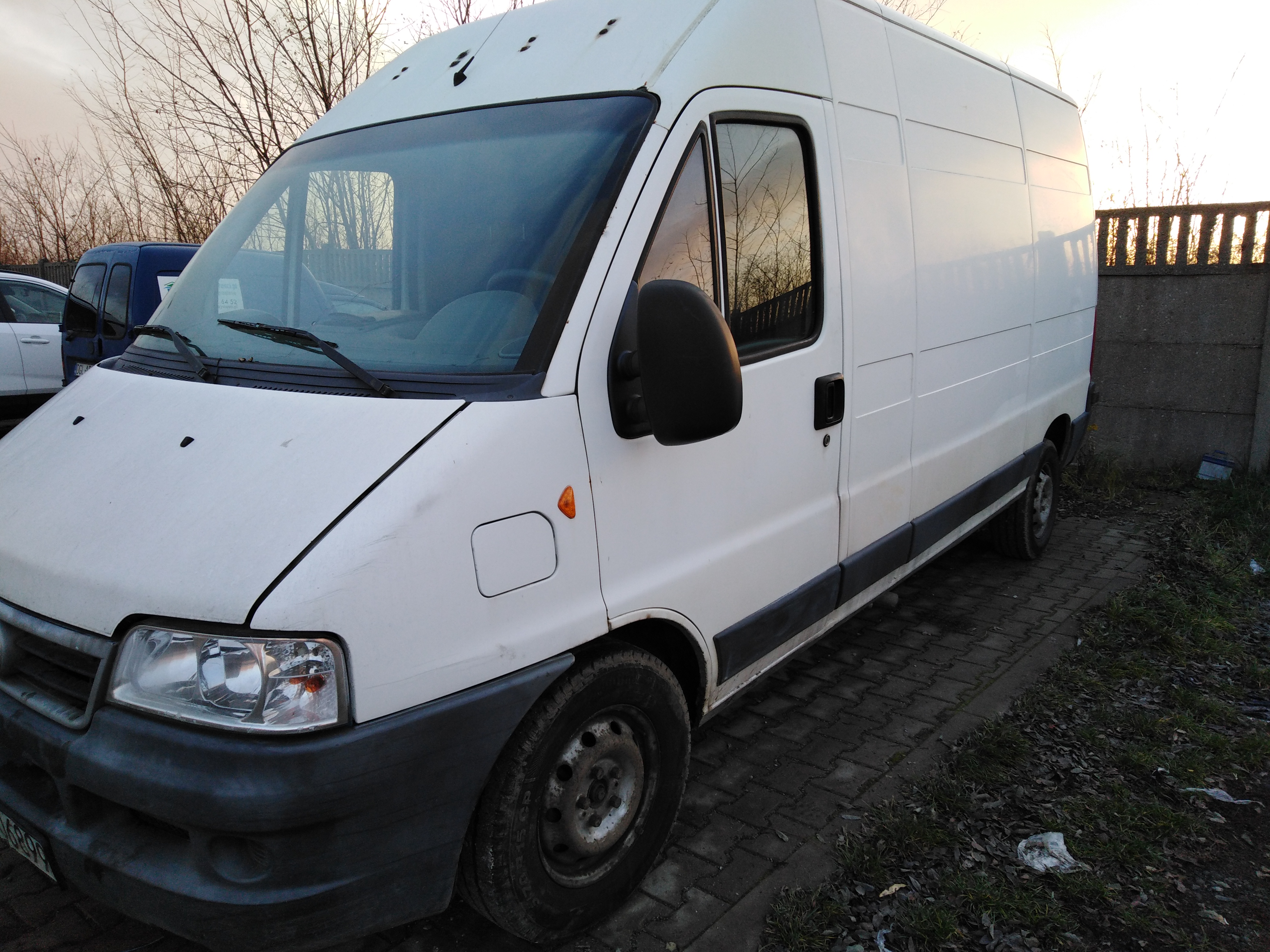 Biały samochód dostawczy zaparkowany na brukowanej powierzchni, widoczne ślady użytkowania, drzewa bez liści w tle.