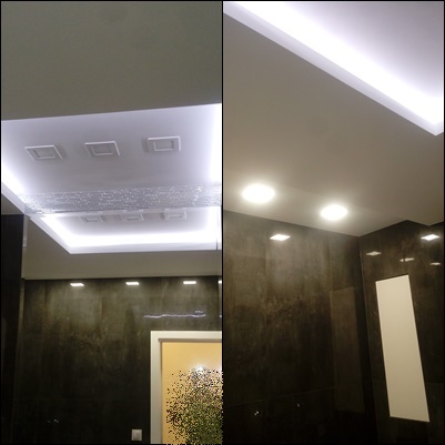 Dwa rodzaje sufitów podwieszanych z oświetleniem LED: po lewej sufit z podświetlanym kasetonem i dekoracyjnym panelem z efektem mrożonego szkła, po prawej sufit z wbudowanymi okrągłymi lampami...