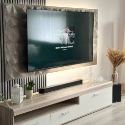PT. LTD CONSTRUCTION - Nowoczesny salon z telewizorem na ścianie z dekoracyjnymi panelami 3D i listwami. Podświetlenie LED za telewizorem. Szafka RTV z dekoracjami i roślinami.