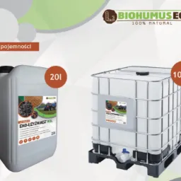 Kanister 20l i kontener 1000l z bio-użyźniaczem rolnym marki Biohumus Eco, prezentowane na jasnym tle.