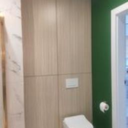 ANDRE - MONT Andrzej Strembicki - Nowoczesna toaleta podwieszana z zabudową z jasnego drewna, biały przycisk spłukujący, ściana w kolorze butelkowej zieleni, fragment marmurowej ściany po lewej stronie.