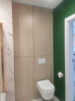 Nowoczesna toaleta podwieszana z zabudową z jasnego drewna, biały przycisk spłukujący, ściana w kolorze butelkowej zieleni, fragment marmurowej ściany po lewej stronie.