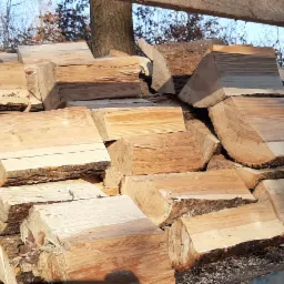 Stos pociętego drewna kominkowego z korą, ułożonego na pace samochodu, widoczne słoje drewna i fragmenty kory, w tle drzewa bez liści.