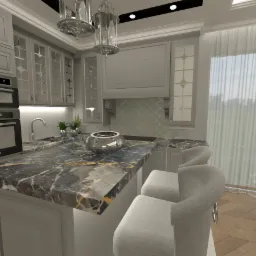 Elegancka kuchnia z marmurowym blatem, srebrnymi akcentami i krzesłami barowymi, oświetlona wiszącymi lampami w stylu glamour, z widokiem na ogród przez duże okno z zasłonami.