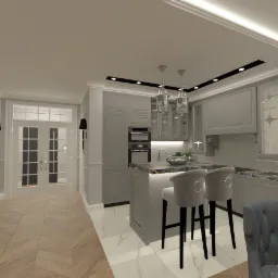 Wizualizacja nowoczesnej kuchni w odcieniach szarości z wyspą i hokerami, marmurowym blatem, oświetleniem LED i parkietem w jodełkę.