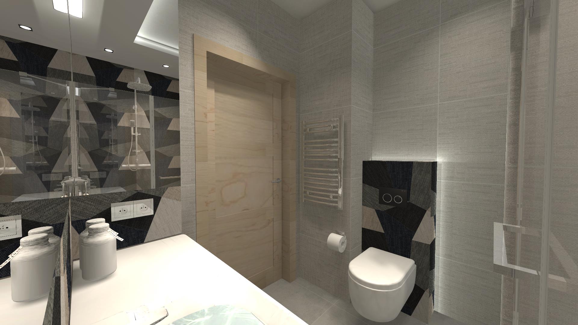 Wizualizacja łazienki z geometrycznym wzorem na ścianie, drewnianymi drzwiami i grzejnikiem drabinkowym.