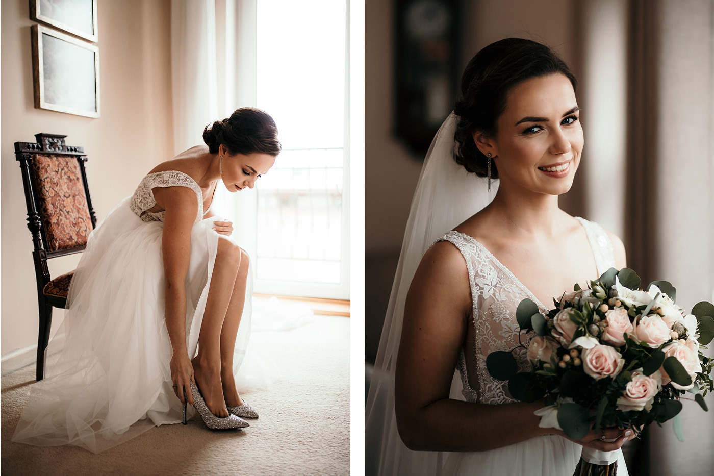 Kolaż: Panna młoda w białej sukni zakłada błyszczące buty na obcasie siedząc na krześle z wzorzystym obiciem; uśmiechnięta kobieta w welonie trzyma bukiet z różowych róż i białych kwiatów.