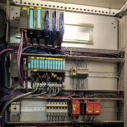 Wnętrze szafy sterowniczej z modułami PLC Siemens, okablowaniem w kolorach niebieskim i fioletowym, oraz przekaźnikami bezpieczeństwa w obudowach koloru czerwonego.