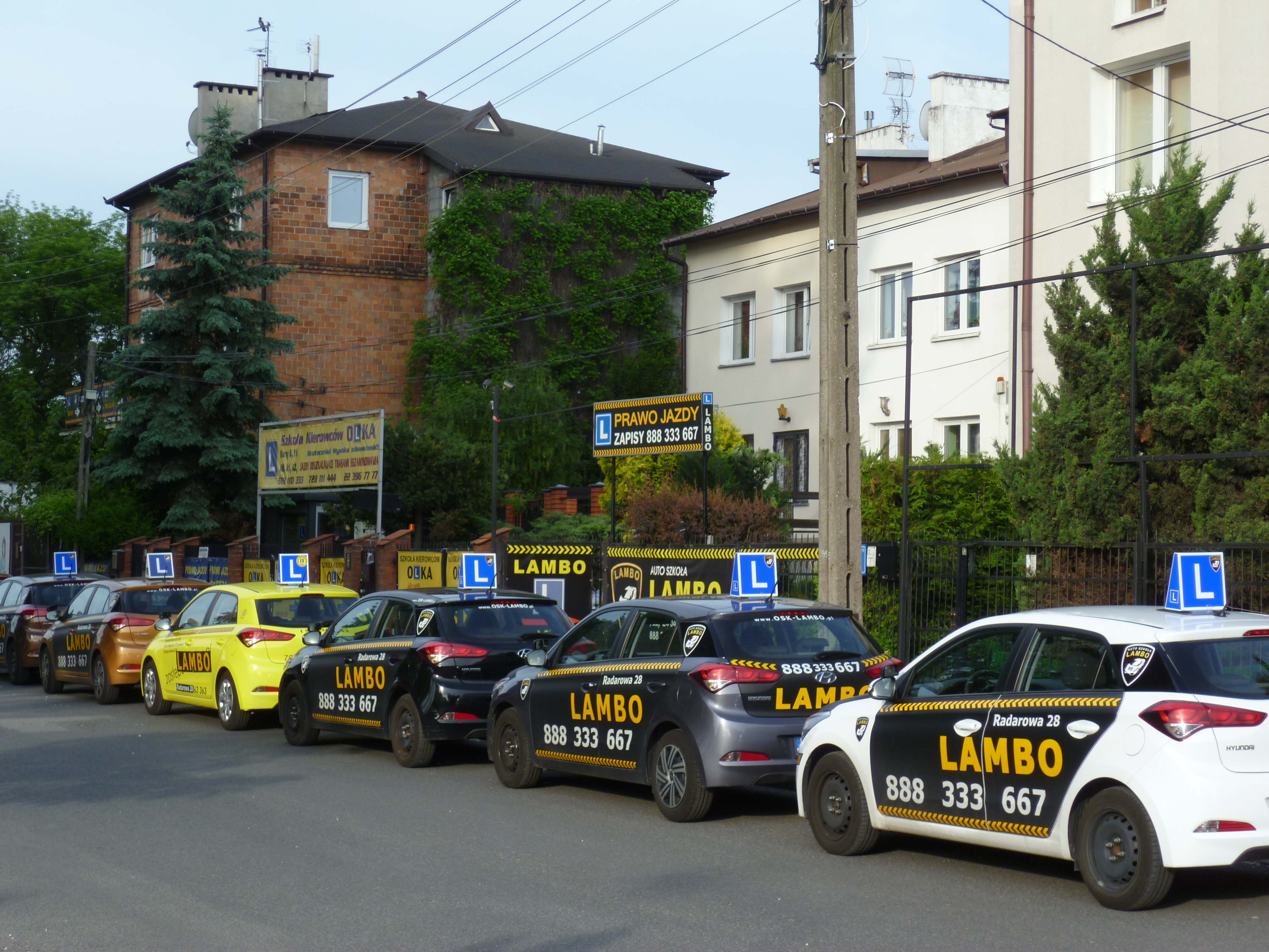 Szereg samochodów o różnych kolorach z logo i numerem telefonu, oznaczonych literą 'L' na dachu, zaparkowanych na ulicy przed budynkami i drzewami.