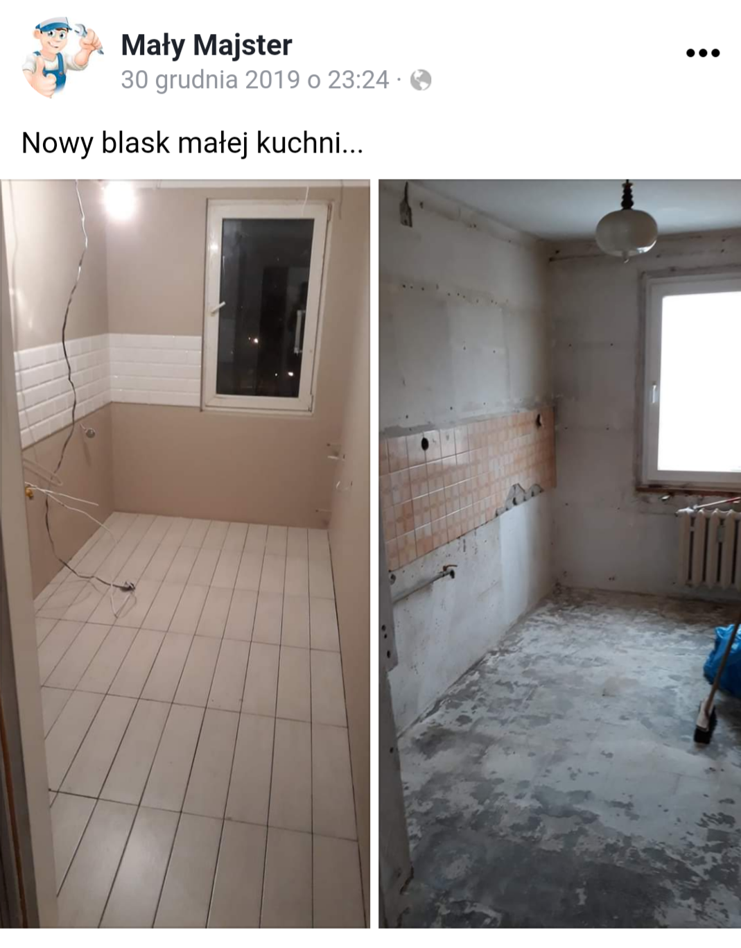 Dwa ujęcia małej kuchni w trakcie remontu: po lewej nowa biała glazura ścienna i podłogowa, po prawej surowy stan z resztkami starej glazury i nierówną podłogą.