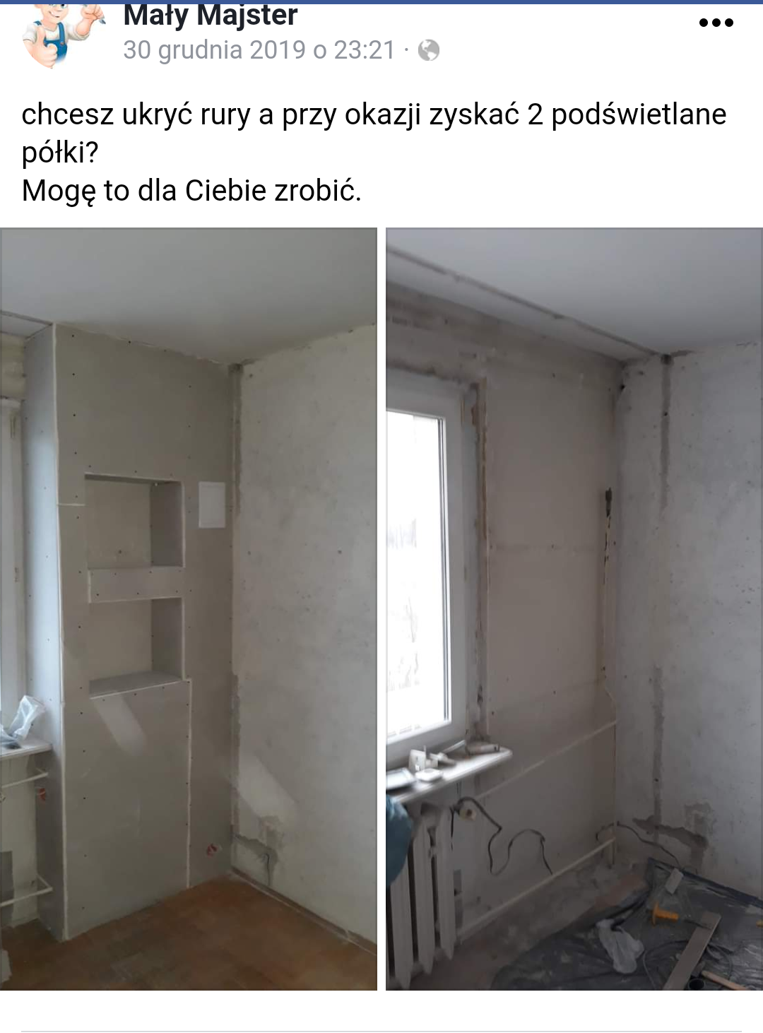 Wnętrze w trakcie remontu: zabudowa z płyt karton-gips z wnękami na półki, widoczne rury i instalacje elektryczne przed wykończeniem, okno z grzejnikiem w tle.