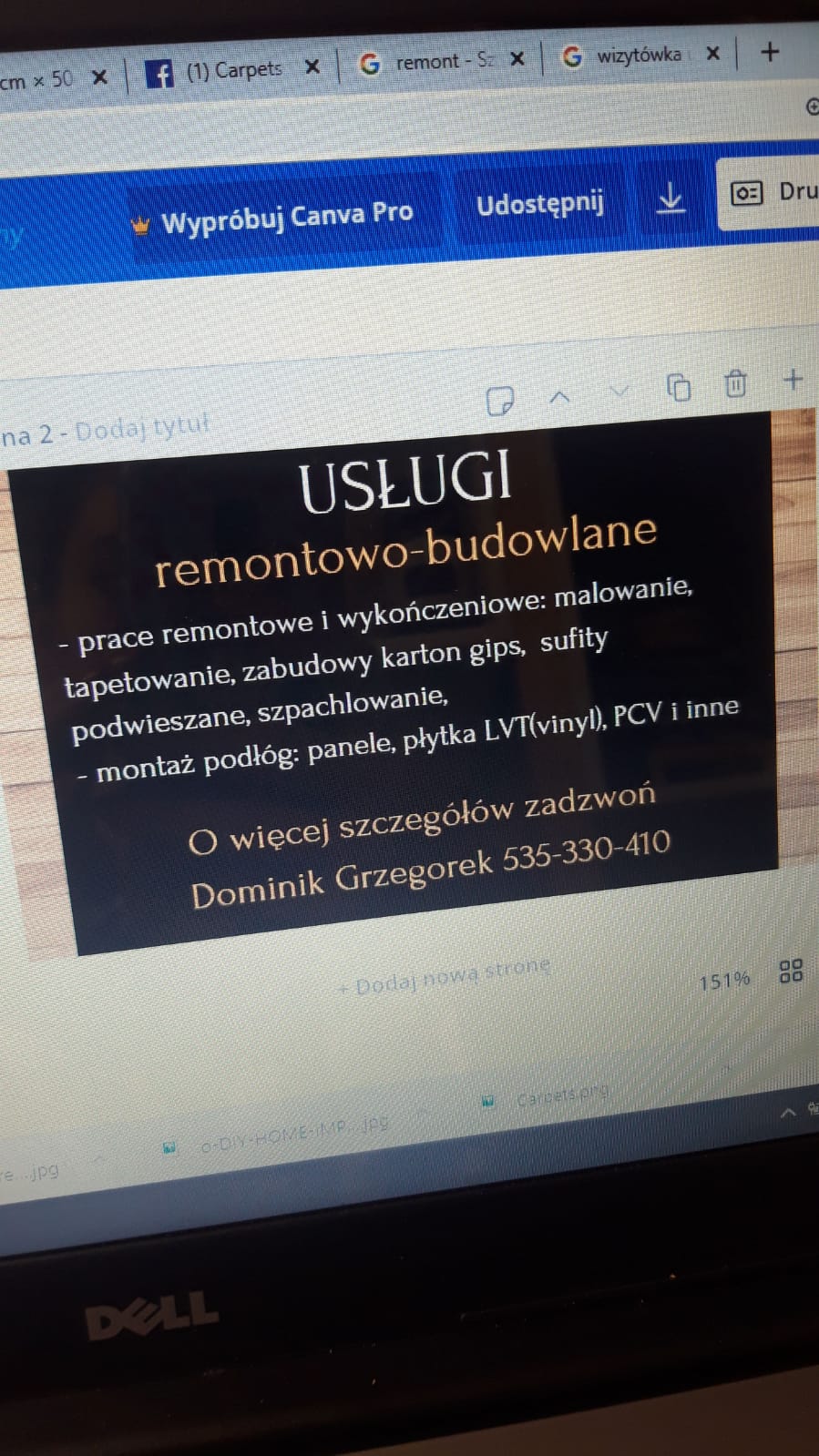 Ekran laptopa Dell wyświetlający projekt graficzny wizytówki z ofertą usług remontowo-budowlanych, w tym malowania, tapetowania, zabudowy karton-gips, sufitów podwieszanych, szpachlowania...