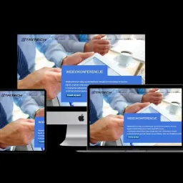 Responsywna strona internetowa firmy TRITECH prezentowana na monitorze, laptopie i tablecie, z widoczną sekcją poświęconą wideokonferencjom.