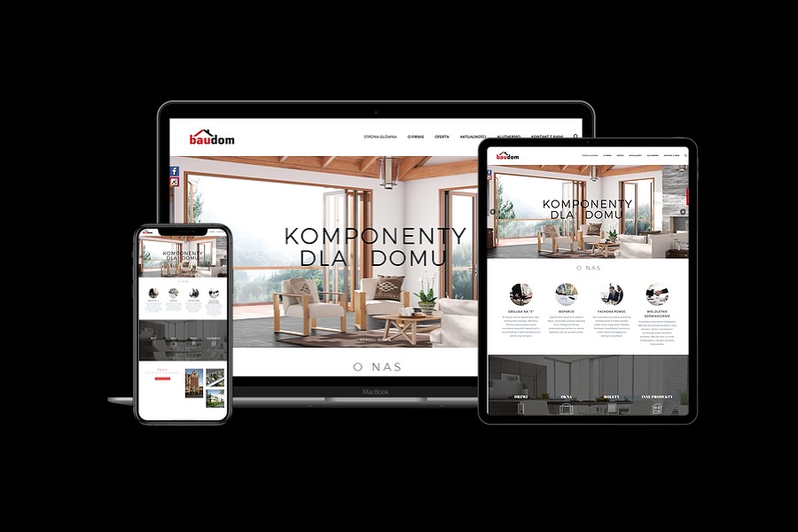 Responsywny układ strony internetowej 'baudom' wyświetlany na laptopie, tablecie i smartfonie na czarnym tle. Strona prezentuje wnętrze domu z dużymi oknami.