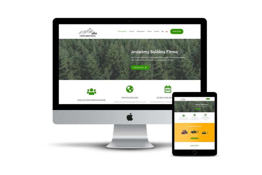 Prezentacja responsywnej strony internetowej 'Forest Brothers' na monitorze i tablecie, z zielonym motywem i grafiką lasu iglastego w tle.