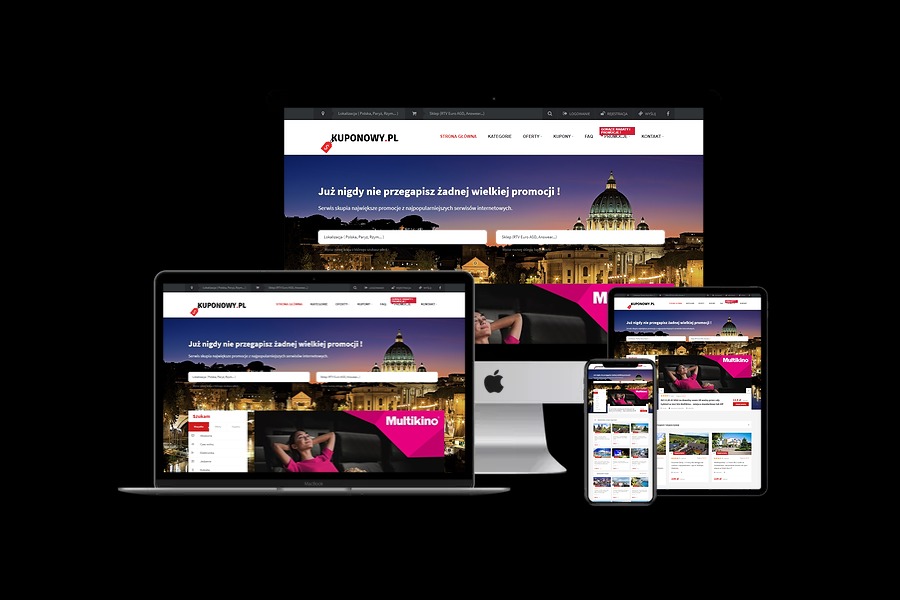 Responsywny wygląd strony internetowej Kuponowy.pl na laptopie, monitorze, tablecie i smartfonie, prezentujący różne wersje interfejsu użytkownika z widokiem na Bazylikę Świętego Piotra w Rzymie.