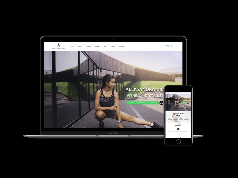 Responsywny układ strony internetowej na laptopie i smartfonie, prezentujący profil fitness, diety i zdrowego odżywiania Aleksandry Kie.