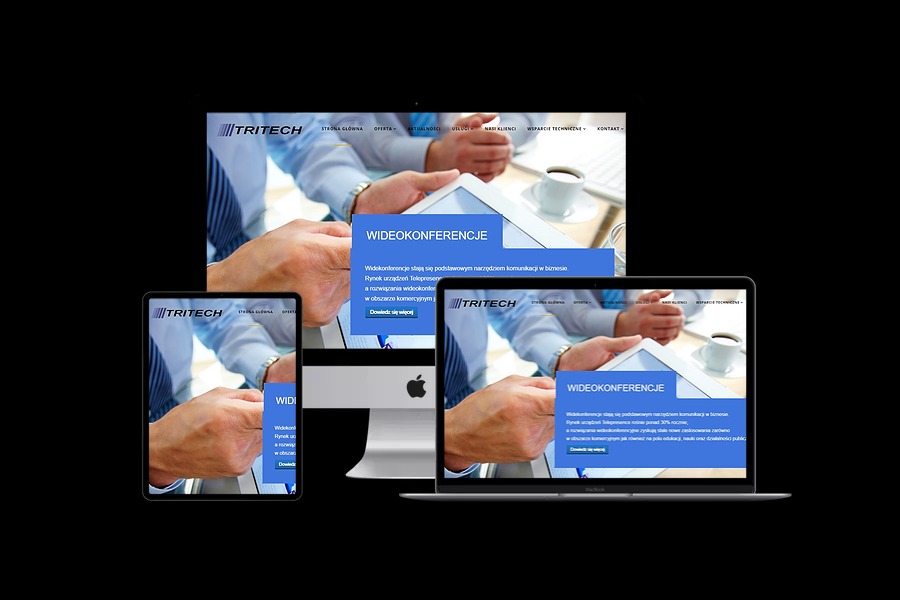 Responsywna strona internetowa firmy TRITECH prezentowana na monitorze, laptopie i tablecie, z widoczną sekcją poświęconą wideokonferencjom.