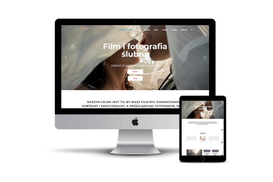 Responsywna strona internetowa z motywem ślubnym wyświetlana na monitorze iMac i tablecie, prezentująca ofertę filmowania i fotografii ślubnej.