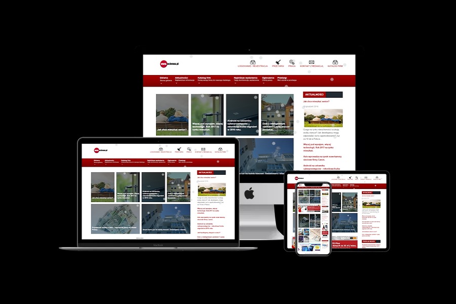 Responsywna strona internetowa www.echreess.pl wyświetlana na laptopie, monitorze, tablecie i smartfonie, z zachowaniem spójnego układu i kolorystyki.