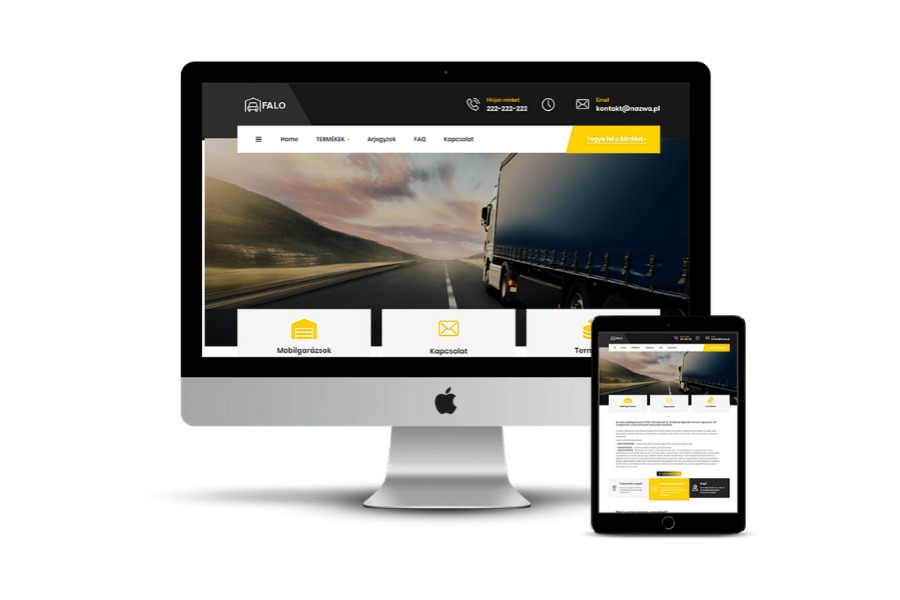 Prezentacja responsywnej strony internetowej na monitorze iMac i tablecie, z widocznym menu, logo firmy FALO i zdjęciem ciężarówki na tle drogi.