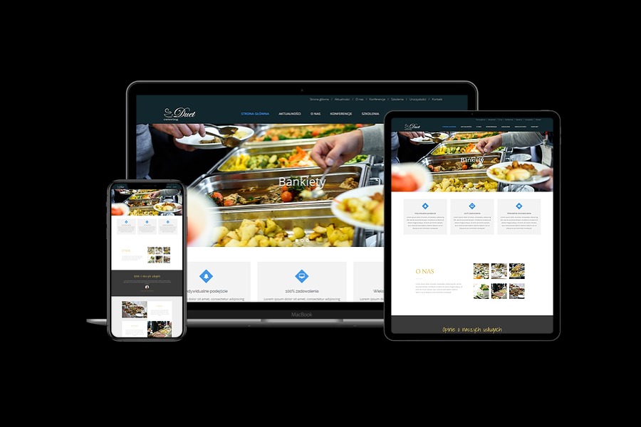 Responsywny projekt strony internetowej cateringowej, wyświetlany na laptopie, tablecie i smartfonie, z widoczną sekcją 'Bankiety' i zdjęciami bufetu.