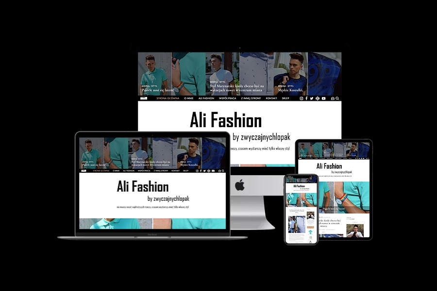 Prezentacja responsywnej strony internetowej Ali Fashion na laptopie, monitorze, tablecie i smartfonie z widocznym logo i nagłówkami artykułów.