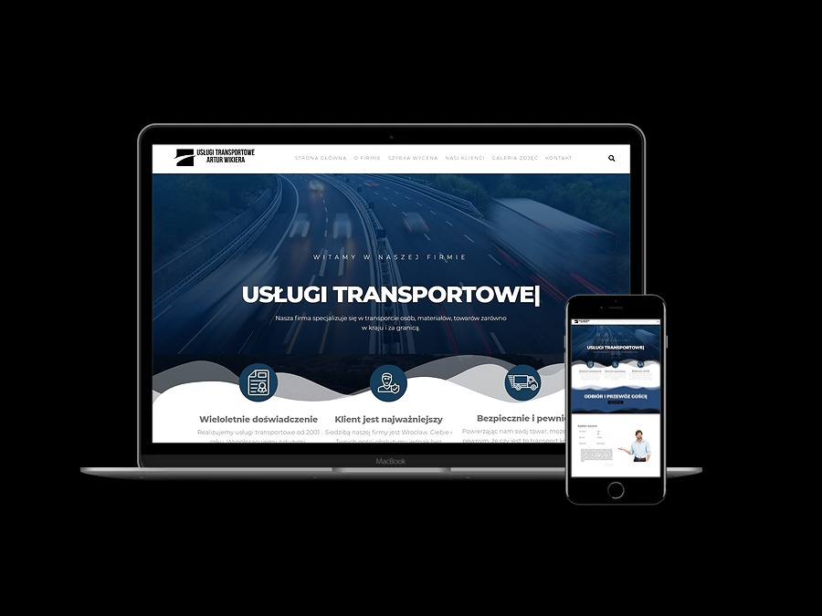Responsywna strona internetowa firmy transportowej z Olsztyna, wyświetlana na laptopie i smartfonie na czarnym tle. Widoczny nagłówek strony z nazwą firmy i menu nawigacyjnym.