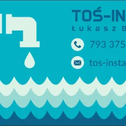 Wizytówka firmy Toś-Instal z numerem telefonu, adresem e-mail i graficznym przedstawieniem rur i fal.