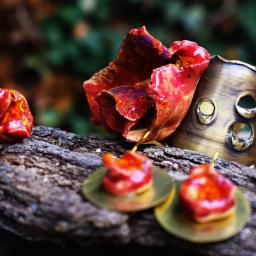 mala galeryjka - Ręcznie robiona biżuteria artystyczna: pierścionek z czerwonym oczkiem, kolczyki na złotych blaszkach i ażurowa bransoletka z mosiądzu, ułożone na kawałku kory drzewa na tle zieleni.