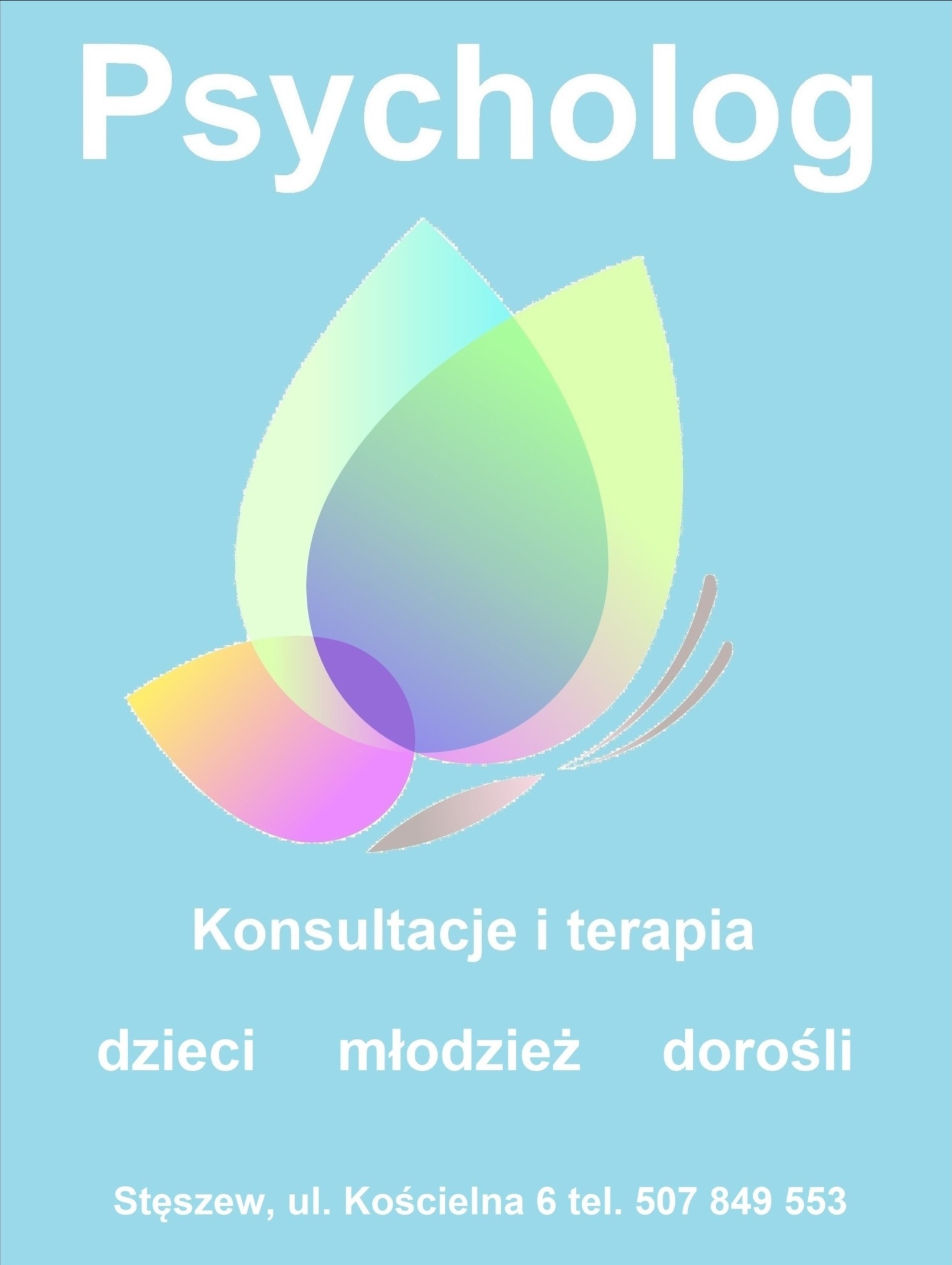 Logo psychologa: stylizowany motyl z nakładających się, transparentnych płatków w odcieniach różu, fioletu, zieleni i żółci, napis Psycholog, Konsultacje i terapia, informacja o ofercie dla dzieci,...